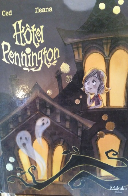 La couverture présente un vieux manoir d'une architecture ancienne. Type 19ème. Une maison en bois. Belle mais lugubre. Une fillette sereine rêve à la fenêtre, deux fantômes apparaissent en bas de la page, elle ne les voit pas. Les couleurs noirs et violettes plante un décor pesant.