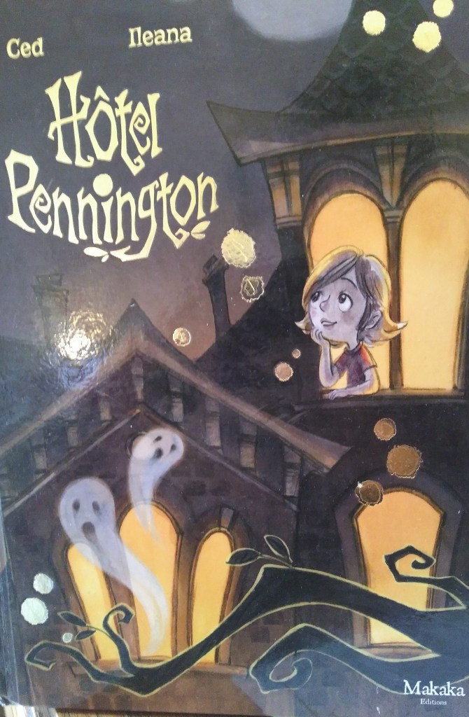 La couverture présente un vieux manoir d'une architecture ancienne. Type 19ème. Une maison en bois. Belle mais lugubre. Une fillette sereine rêve à la fenêtre, deux fantômes apparaissent en bas de la page, elle ne les voit pas. Les couleurs noirs et violettes plante un décor pesant.