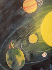 On voit la galaxie. La grand-mère et la petite fille sont au-dessus de la terre.