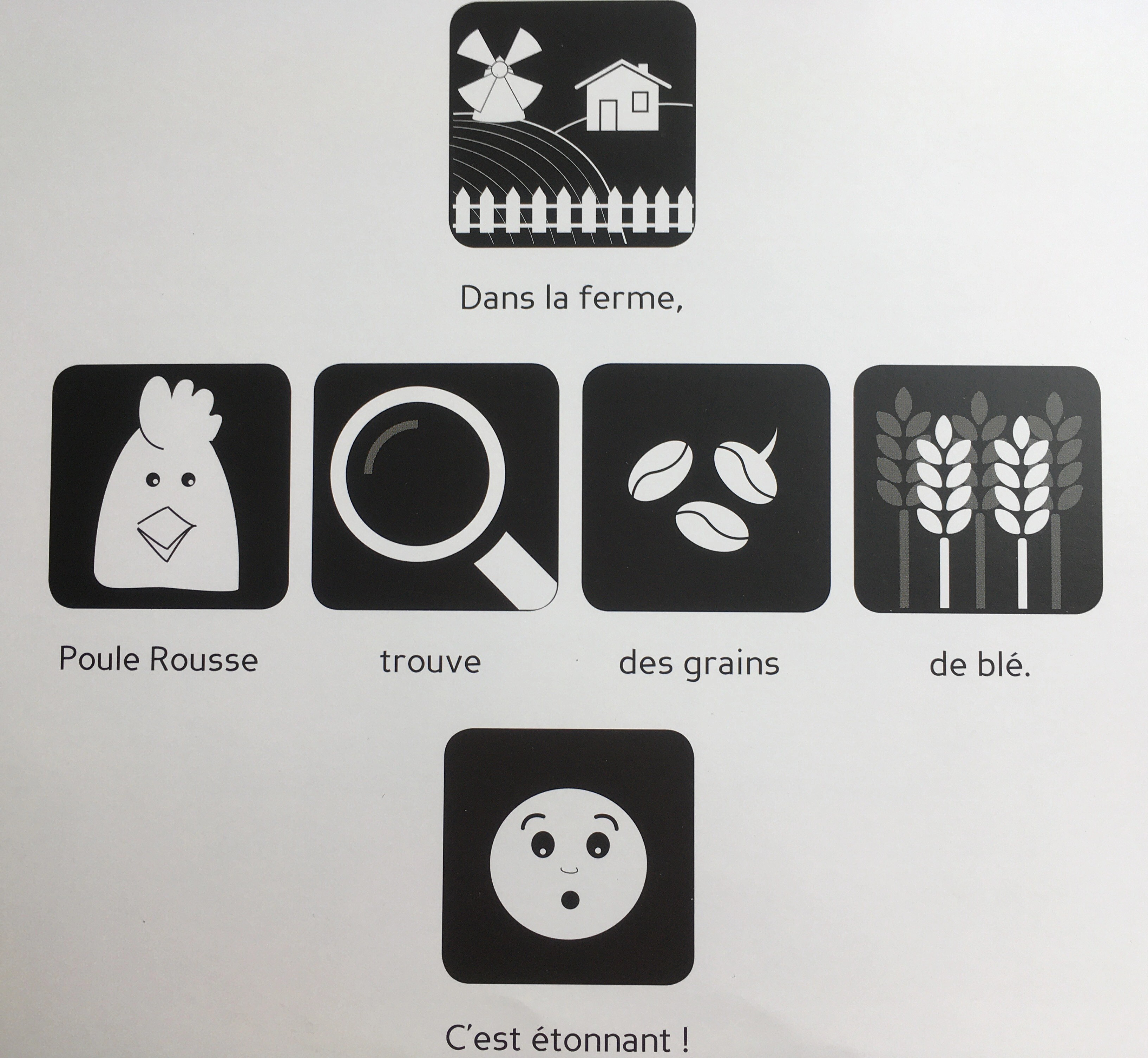 Pictogrammes de la scène où la poule trouve les grains de blés